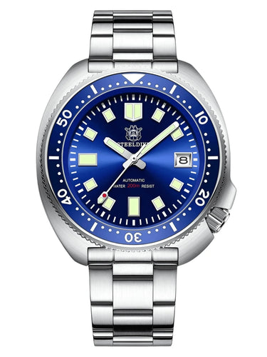 Men's Turtle Silver watch with a blue dial on a white background